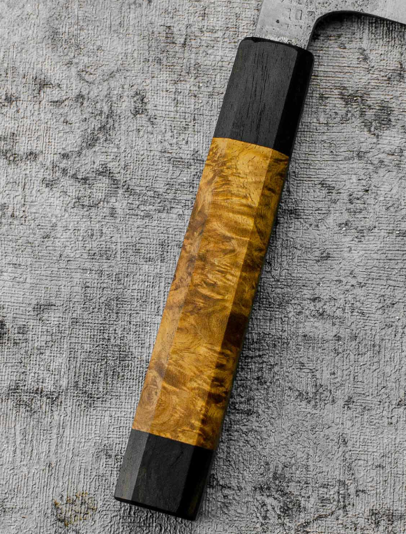 SanMai Bunka 175mm Nashiji Squared Etched, Amboyna & Rosewood Handle With Rosewood Saya