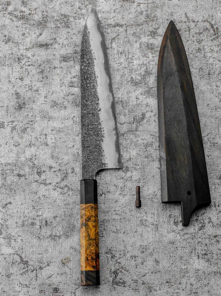 SanMai Gyuto 220mm Kurouchi Squared Etched, Amboyna & Rosewood Handle + Rosewood Saya