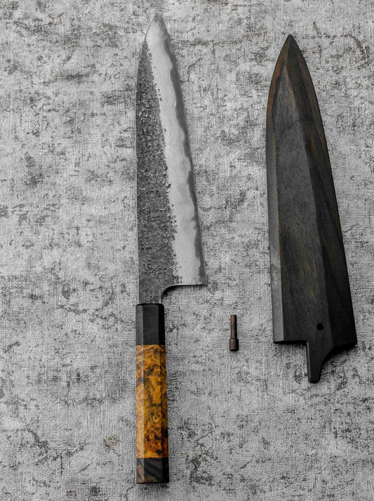 SanMai Gyuto 220mm Kurouchi Squared Etched, Amboyna & Rosewood Handle + Rosewood Saya