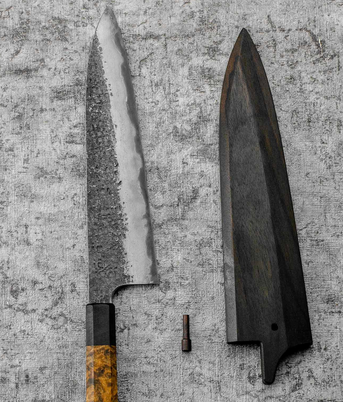 SanMai Gyuto 220mm Kurouchi Squared Etched, Amboyna & Rosewood Handle + Rosewood Saya