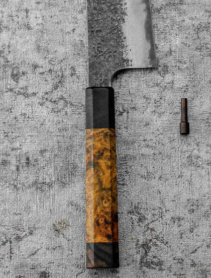 SanMai Gyuto 220mm Kurouchi Squared Etched, Amboyna & Rosewood Handle + Rosewood Saya