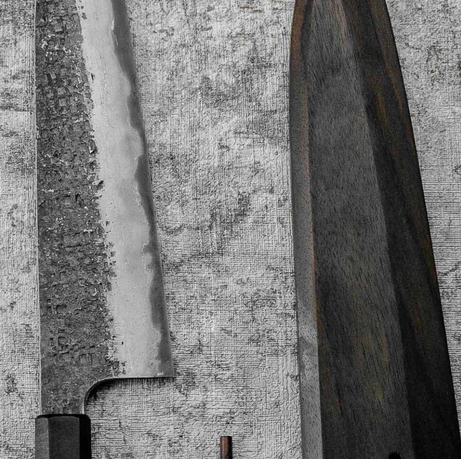 SanMai Gyuto 220mm Kurouchi Squared Etched, Amboyna & Rosewood Handle + Rosewood Saya