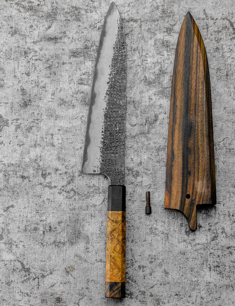 SanMai Gyuto 220mm Kurouchi Squared Etched, Amboyna & Rosewood Handle + Rosewood Saya