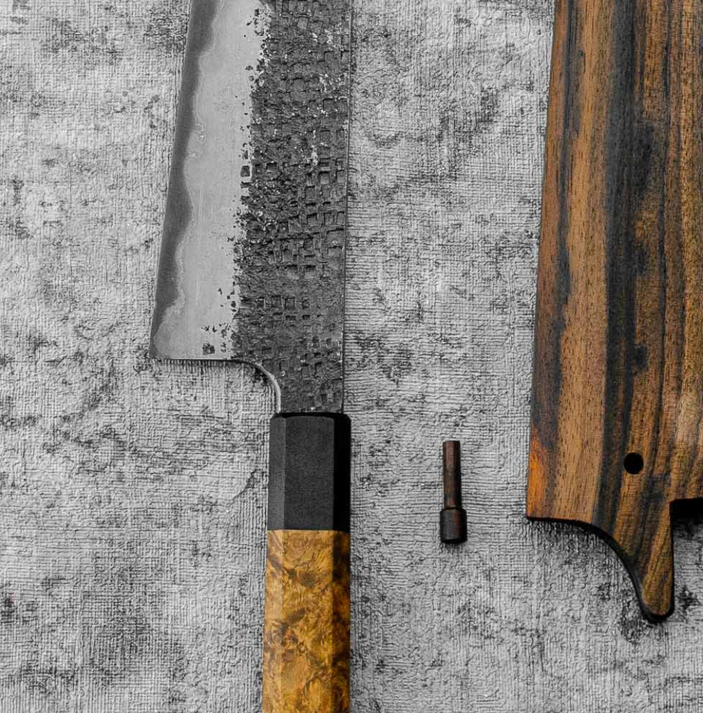 SanMai Gyuto 220mm Kurouchi Squared Etched, Amboyna & Rosewood Handle + Rosewood Saya