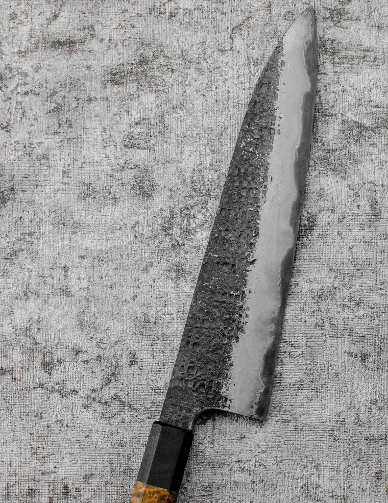 SanMai Gyuto 220mm Kurouchi Squared Etched, Amboyna & Rosewood Handle + Rosewood Saya