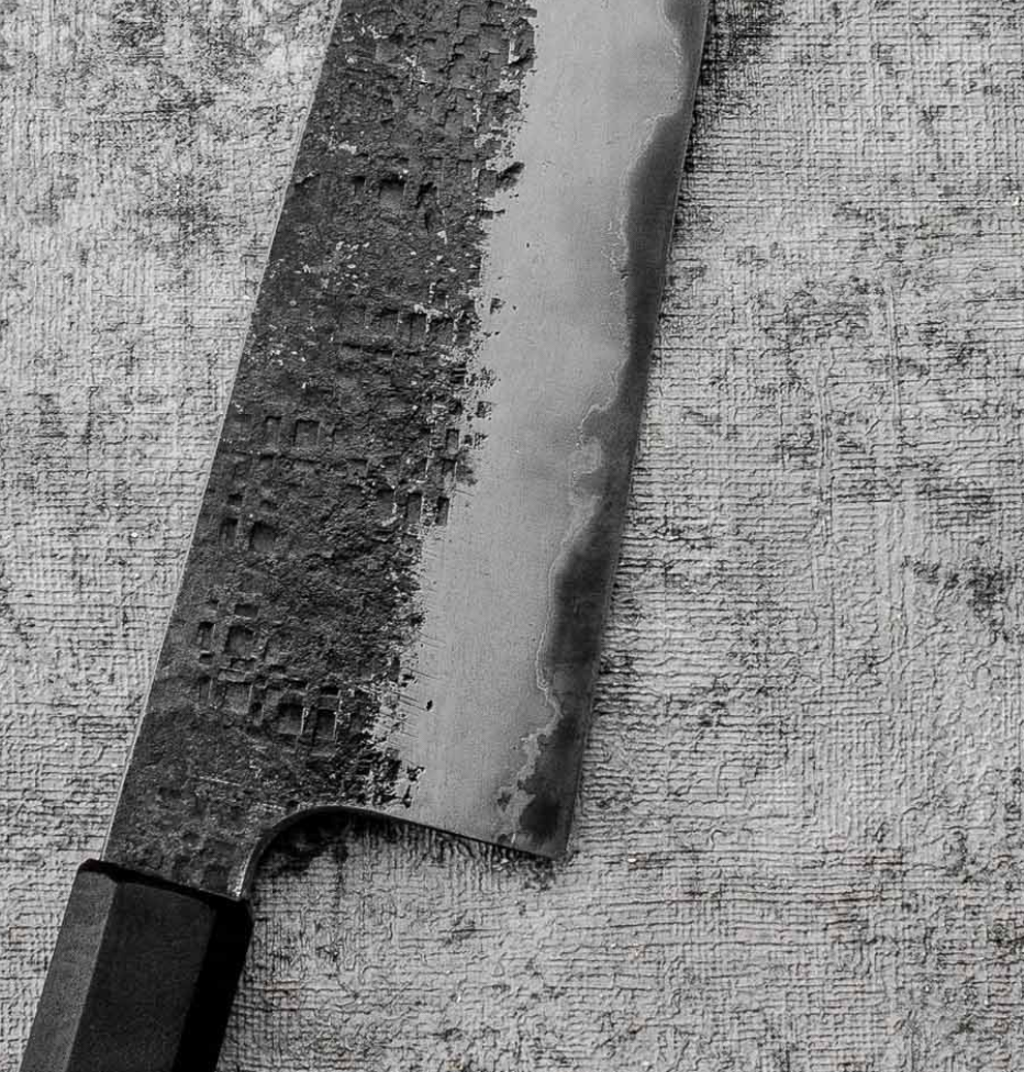 SanMai Gyuto 220mm Kurouchi Squared Etched, Amboyna & Rosewood Handle + Rosewood Saya