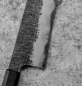 SanMai Gyuto 230mm Kurouchi Etched, Amboyna & Rosewood Handle With Rosewood Saya