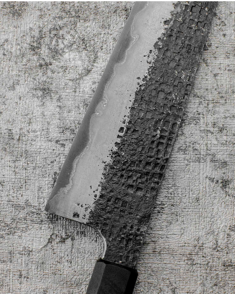 SanMai Gyuto 220mm Kurouchi Squared Etched, Amboyna & Rosewood Handle + Rosewood Saya
