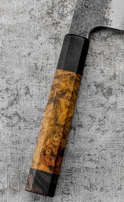 SanMai Gyuto 220mm Kurouchi Squared Etched, Amboyna & Rosewood Handle + Rosewood Saya