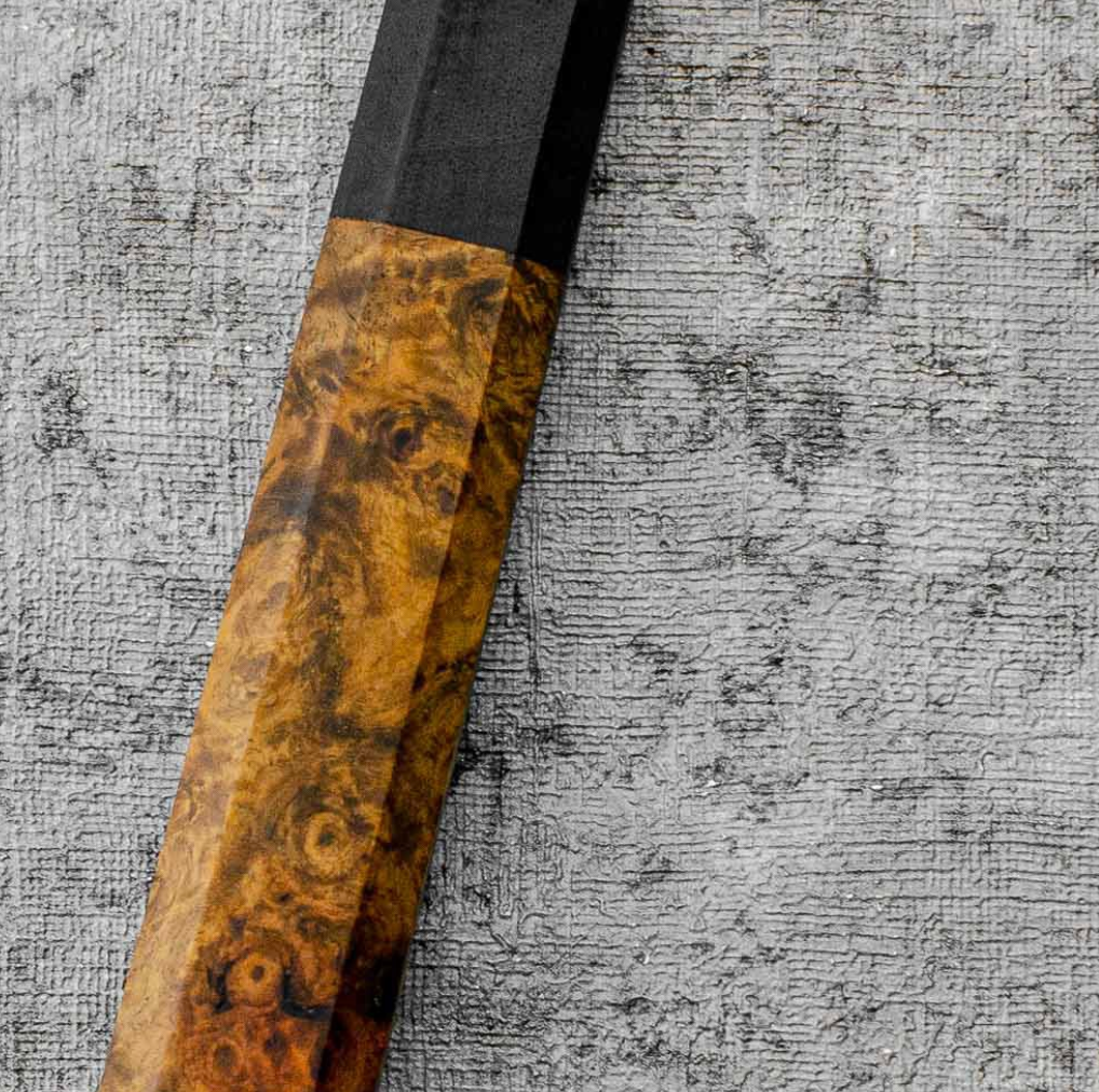 SanMai Gyuto 220mm Kurouchi Squared Etched, Amboyna & Rosewood Handle + Rosewood Saya