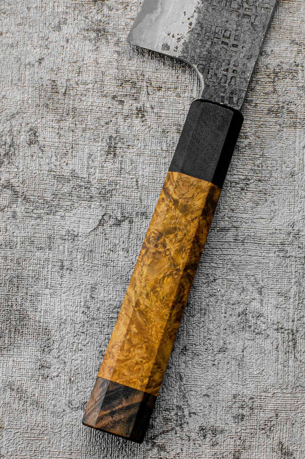 SanMai Gyuto 220mm Kurouchi Squared Etched, Amboyna & Rosewood Handle + Rosewood Saya