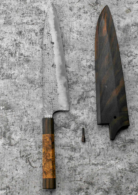 SanMai Gyuto 220mm Nashiji Squared Etched, Amboyna & Rosewood Handle + Rosewood Saya