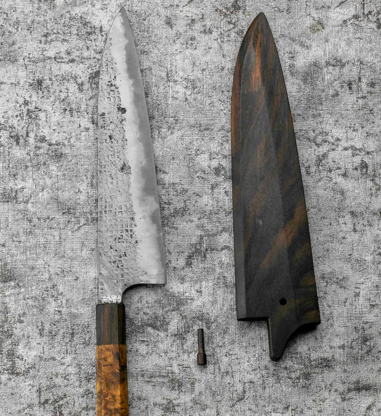 SanMai Gyuto 220mm Nashiji Squared Etched, Amboyna & Rosewood Handle + Rosewood Saya