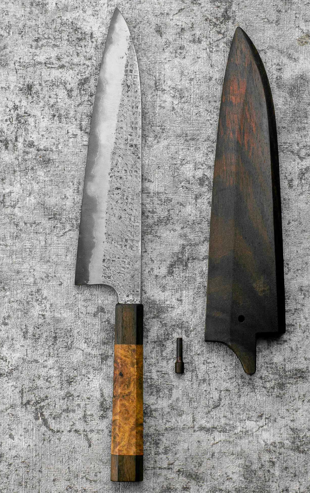 SanMai Gyuto 220mm Nashiji Squared Etched, Amboyna & Rosewood Handle + Rosewood Saya