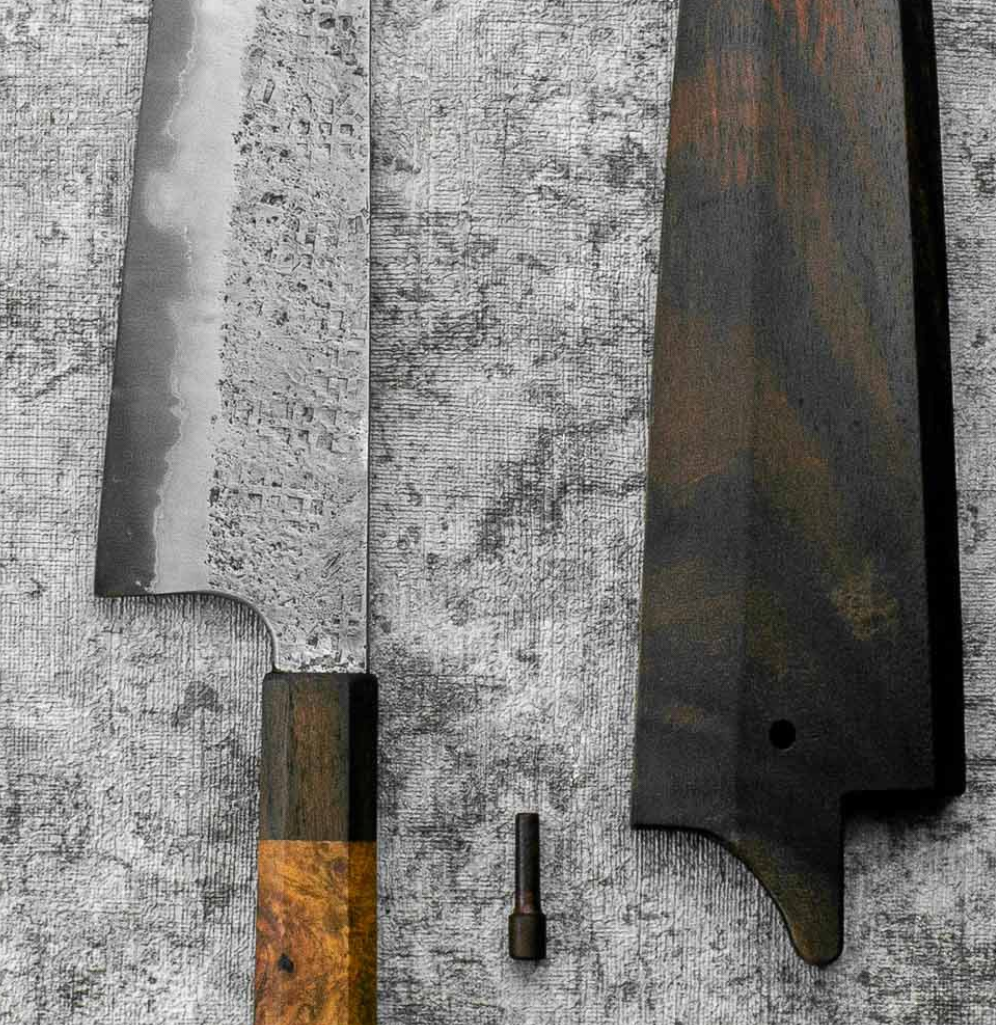 SanMai Gyuto 220mm Nashiji Squared Etched, Amboyna & Rosewood Handle + Rosewood Saya