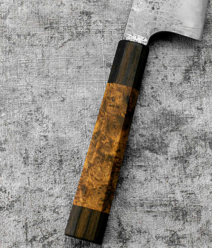 SanMai Gyuto 220mm Nashiji Squared Etched, Amboyna & Rosewood Handle + Rosewood Saya