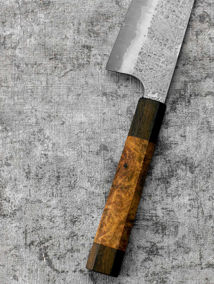SanMai Gyuto 220mm Nashiji Squared Etched, Amboyna & Rosewood Handle + Rosewood Saya