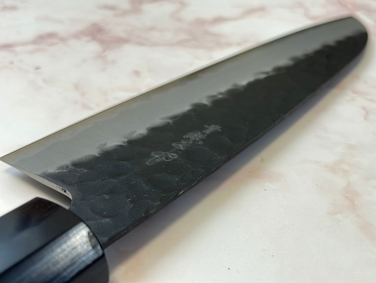Yoshimune Santoku 165mm (6.5in) Stainless clad Aogami(Blue) Super Black Hammered Finish Double-Bevel Walnut Octagonal Handle
