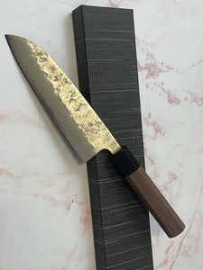 Yoshimune Santoku 165 mm (6.5 in) Ginsan (Silver #3) Nashiji finish Double-Bevel Walnut Octagonal Handle