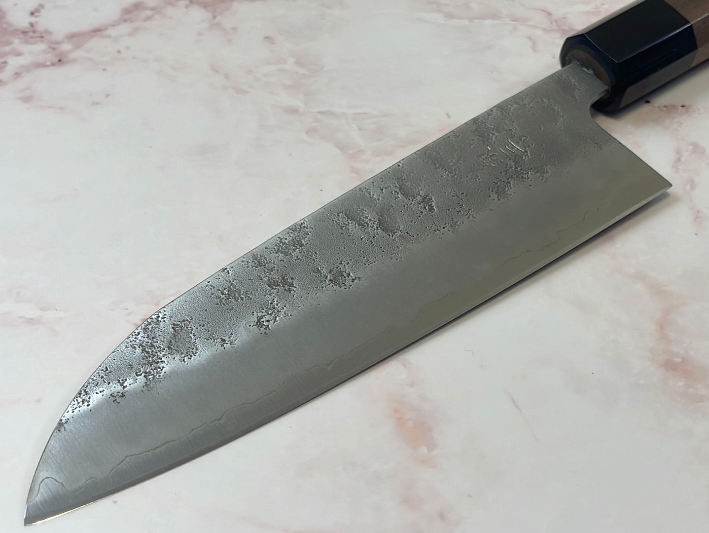 Yoshimune Santoku 165 mm (6.5 in) Ginsan (Silver #3) Nashiji finish Double-Bevel Walnut Octagonal Handle