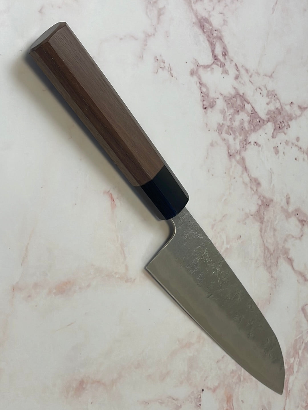 Yoshimune Santoku 165 mm (6.5 in) Ginsan (Silver #3) Nashiji finish Double-Bevel Walnut Octagonal Handle
