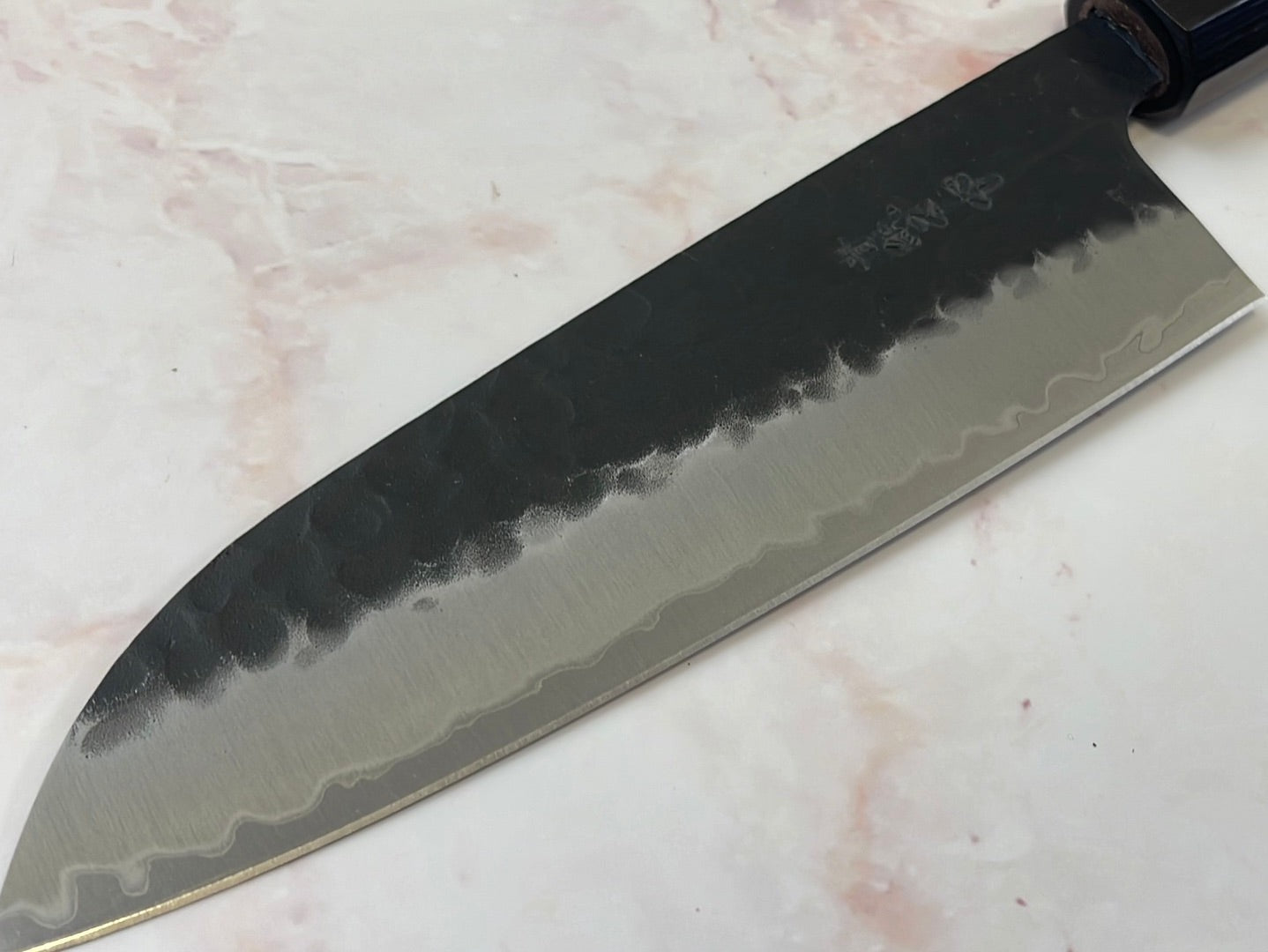 Yoshimune Santoku 165mm (6.5in) Stainless clad Aogami(Blue) Super Black Hammered Finish Double-Bevel Walnut Octagonal Handle