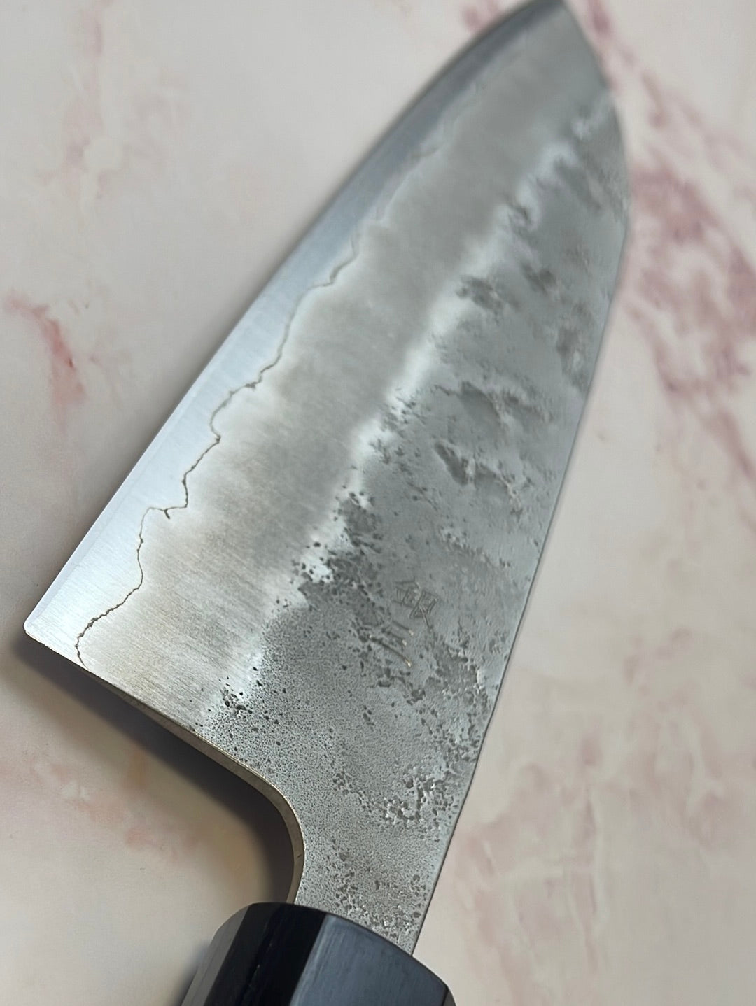 Yoshimune Santoku 165 mm (6.5 in) Ginsan (Silver #3) Nashiji finish Double-Bevel Walnut Octagonal Handle