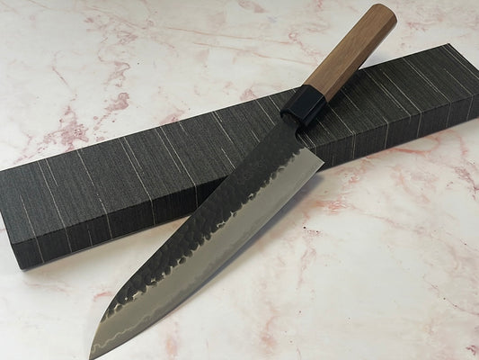 Yoshimune Gyuto Black Stainless 210 mm ) Aogami Super Hammered Finish Double-Bevel Walnut Octagonal Handle