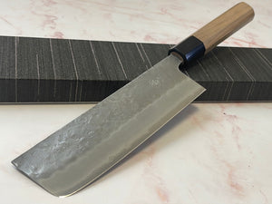 Yoshimune Nakiri 165 mm (6.5 in) Ginsan (Silver #3) Nashiji finish Double-Bevel Walnut Octagonal Handle