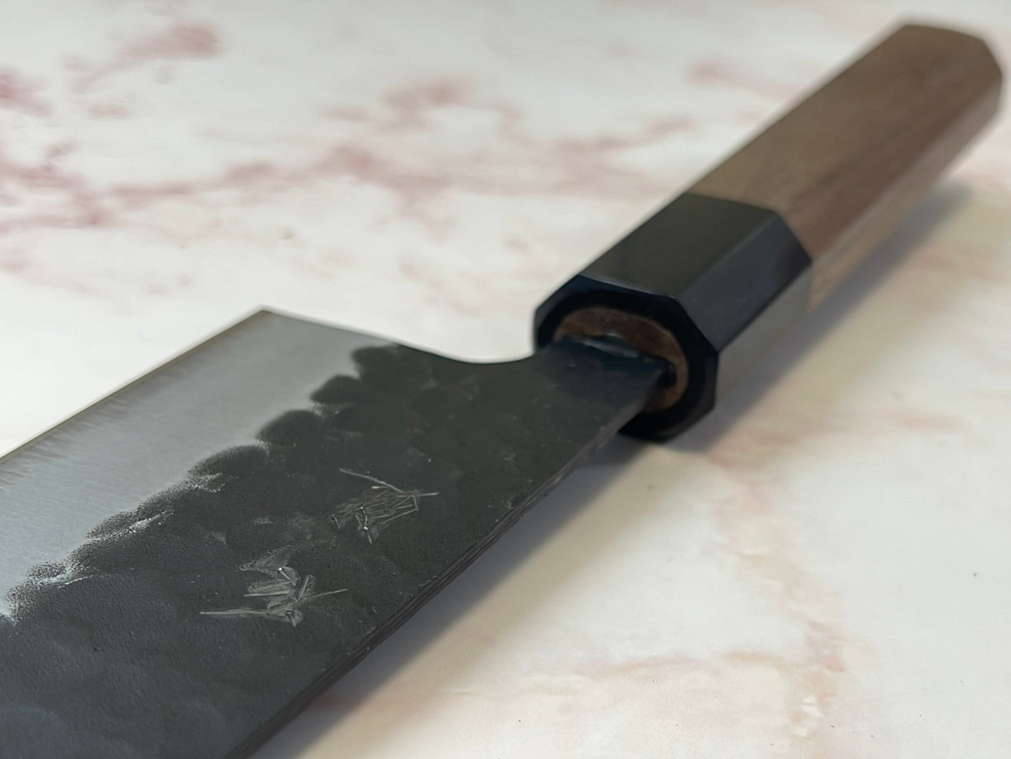 Yoshimune Santoku 165mm (6.5in) Stainless clad Aogami(Blue) Super Black Hammered Finish Double-Bevel Walnut Octagonal Handle