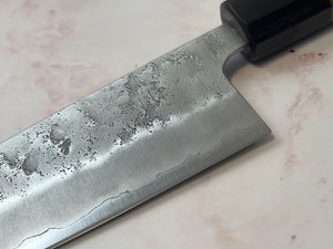 Yoshimune Santoku 165 mm (6.5 in) Ginsan (Silver #3) Nashiji finish Double-Bevel Walnut Octagonal Handle