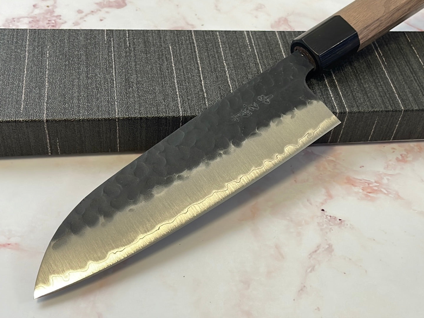 Yoshimune Santoku 165mm (6.5in) Stainless clad Aogami(Blue) Super Black Hammered Finish Double-Bevel Walnut Octagonal Handle