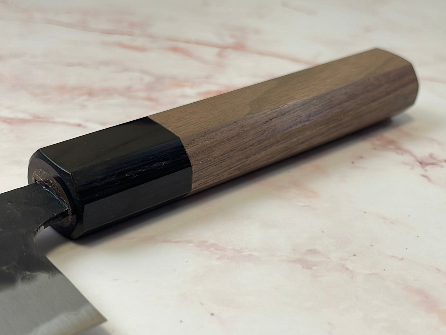 Yoshimune Santoku 165mm (6.5in) Stainless clad Aogami(Blue) Super Black Hammered Finish Double-Bevel Walnut Octagonal Handle