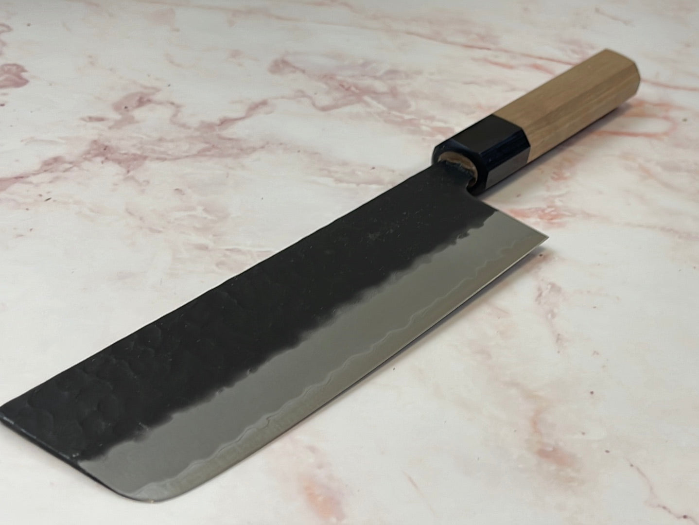 Yoshimune Nakiri 165mm (6.5in) Stainless clad Aogami(Blue) Super Black Hammered Finish Double-Bevel Walnut Octagonal Handle