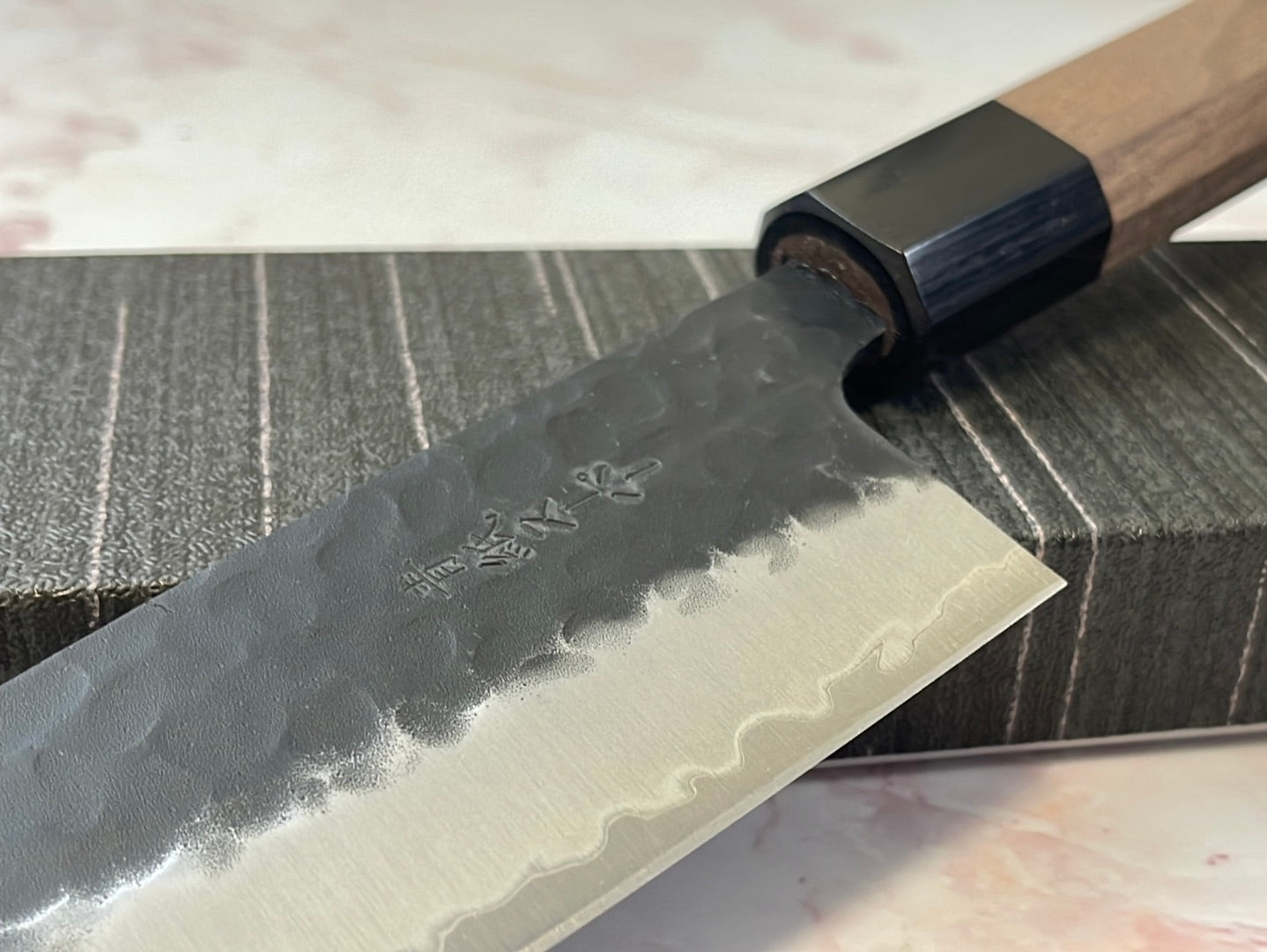 Yoshimune Santoku 165mm (6.5in) Stainless clad Aogami(Blue) Super Black Hammered Finish Double-Bevel Walnut Octagonal Handle