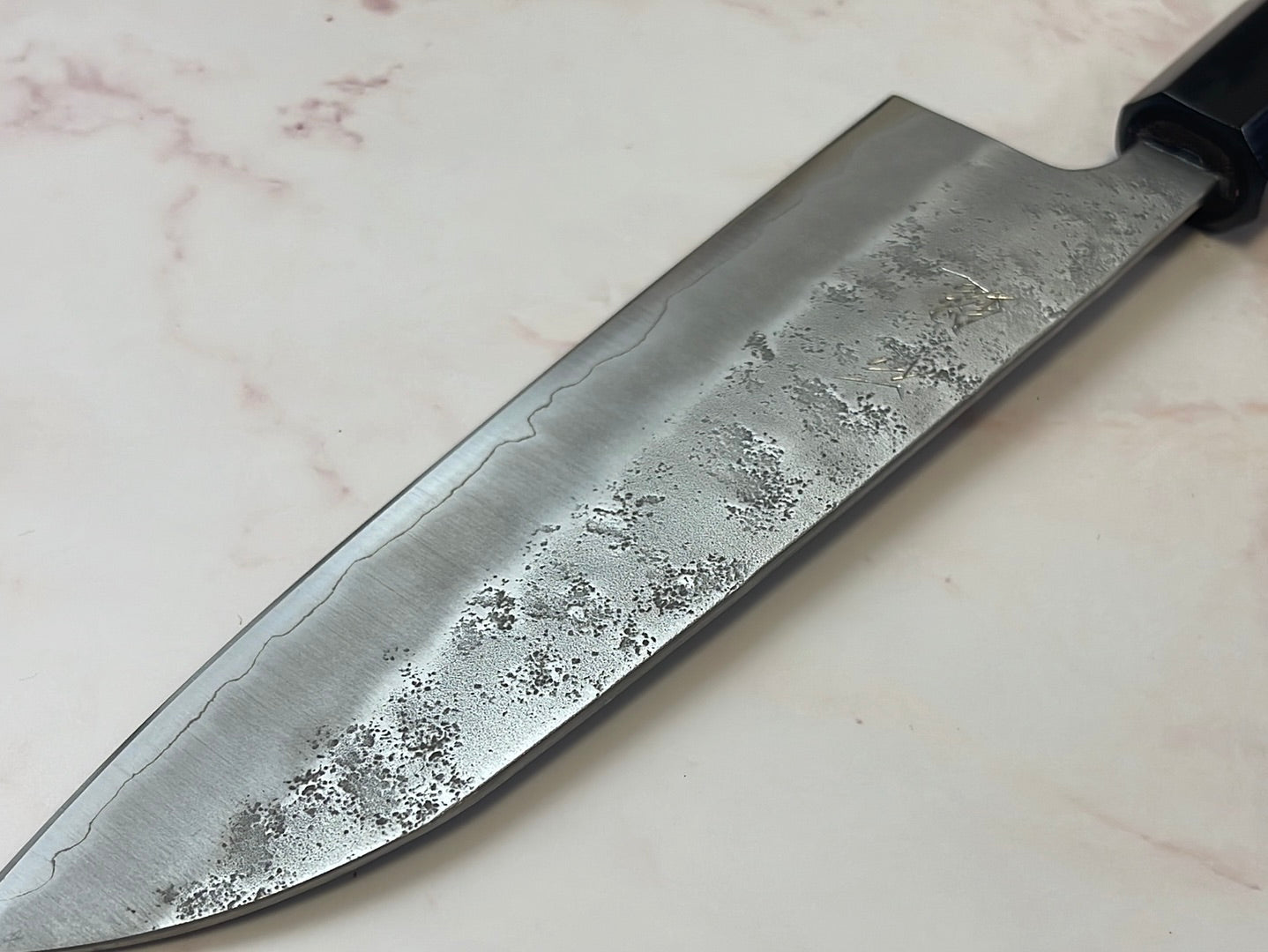 Yoshimune Santoku 165 mm (6.5 in) Ginsan (Silver #3) Nashiji finish Double-Bevel Walnut Octagonal Handle