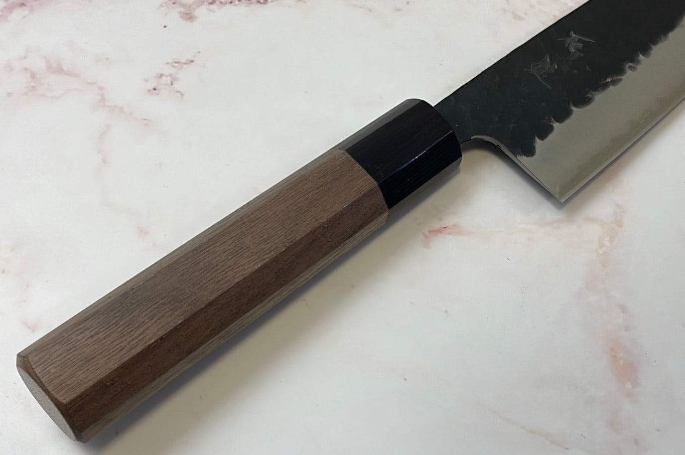 Yoshimune Santoku 165mm (6.5in) Stainless clad Aogami(Blue) Super Black Hammered Finish Double-Bevel Walnut Octagonal Handle