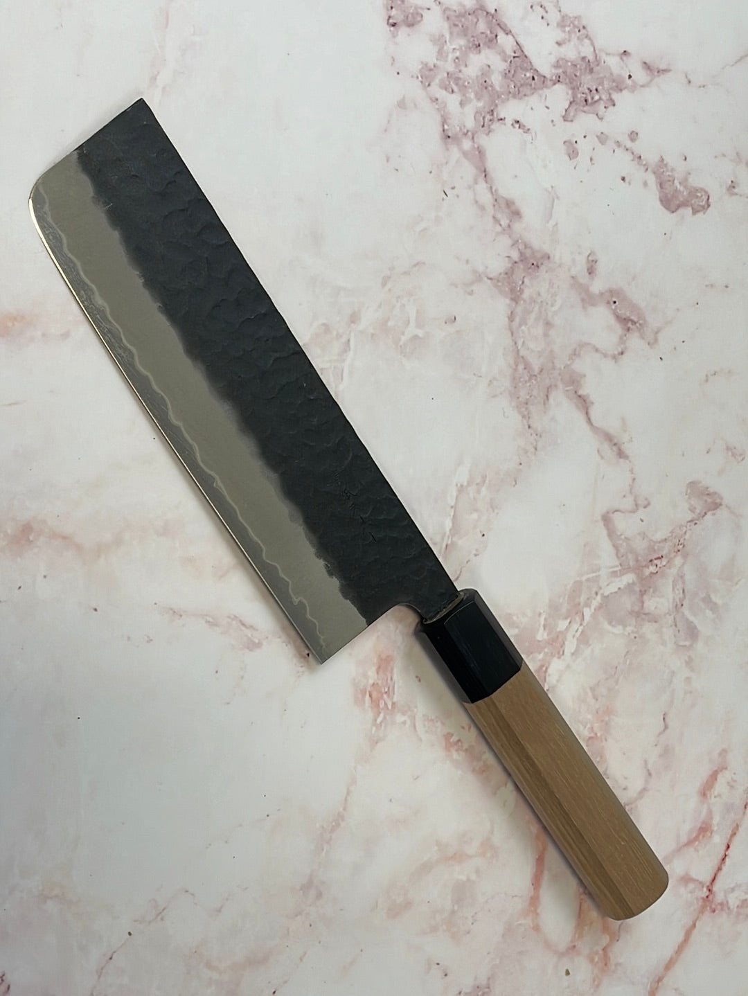 Yoshimune Nakiri 165mm (6.5in) Stainless clad Aogami(Blue) Super Black Hammered Finish Double-Bevel Walnut Octagonal Handle