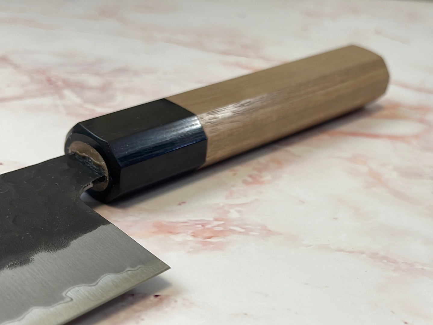 Yoshimune Nakiri 165mm (6.5in) Stainless clad Aogami(Blue) Super Black Hammered Finish Double-Bevel Walnut Octagonal Handle