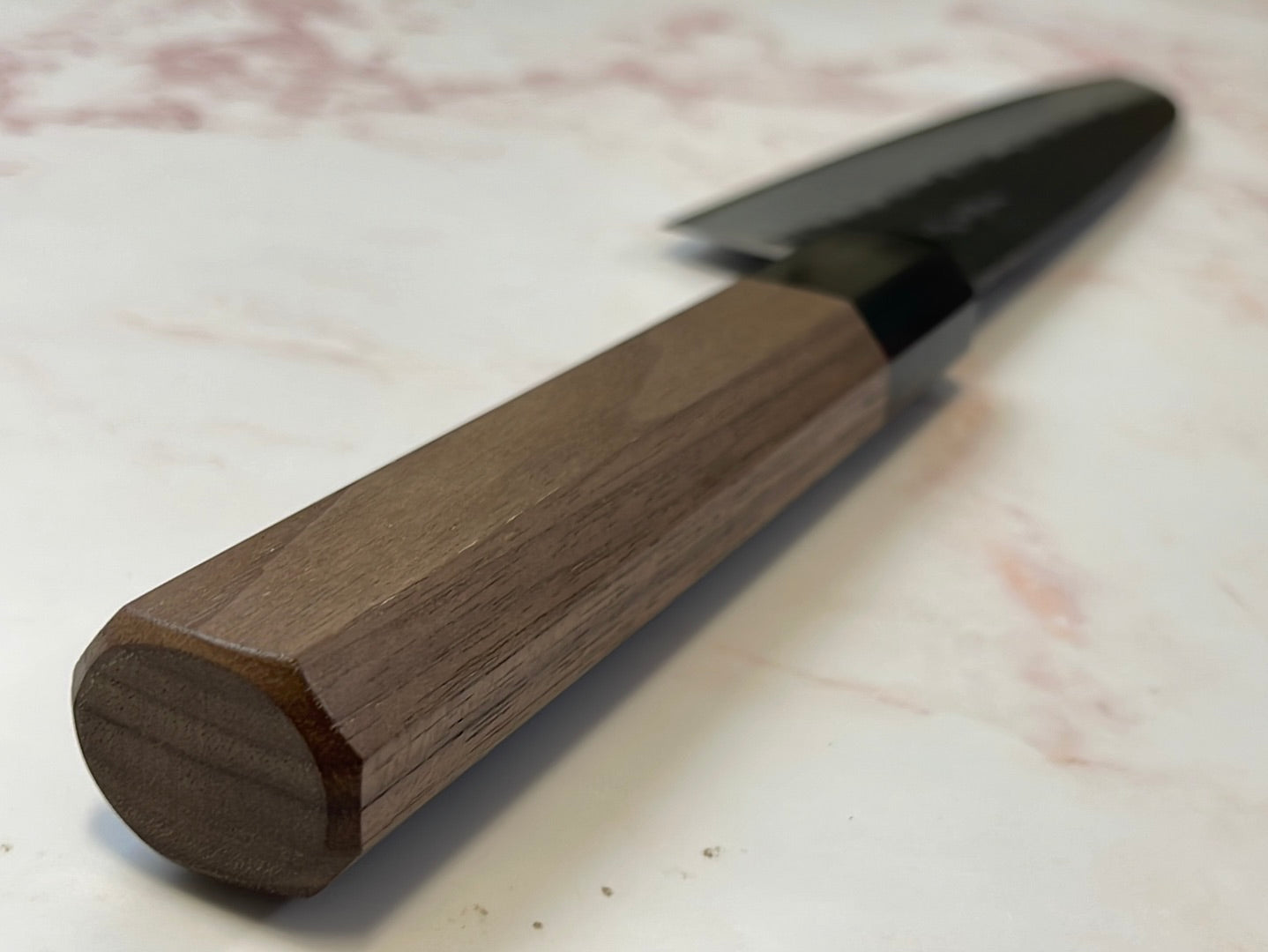 Yoshimune Santoku 165mm (6.5in) Stainless clad Aogami(Blue) Super Black Hammered Finish Double-Bevel Walnut Octagonal Handle