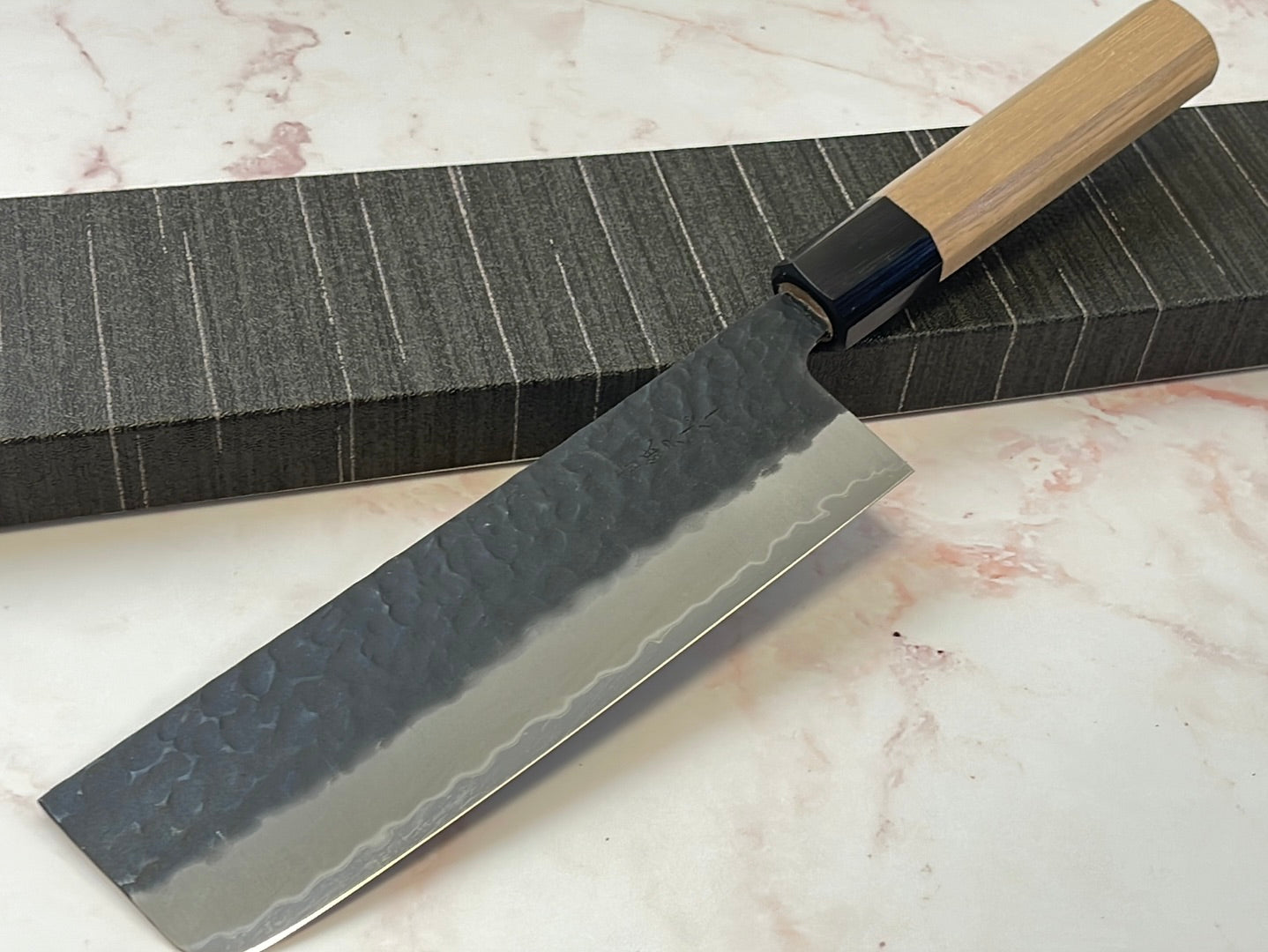 Yoshimune Nakiri 165mm (6.5in) Stainless clad Aogami(Blue) Super Black Hammered Finish Double-Bevel Walnut Octagonal Handle