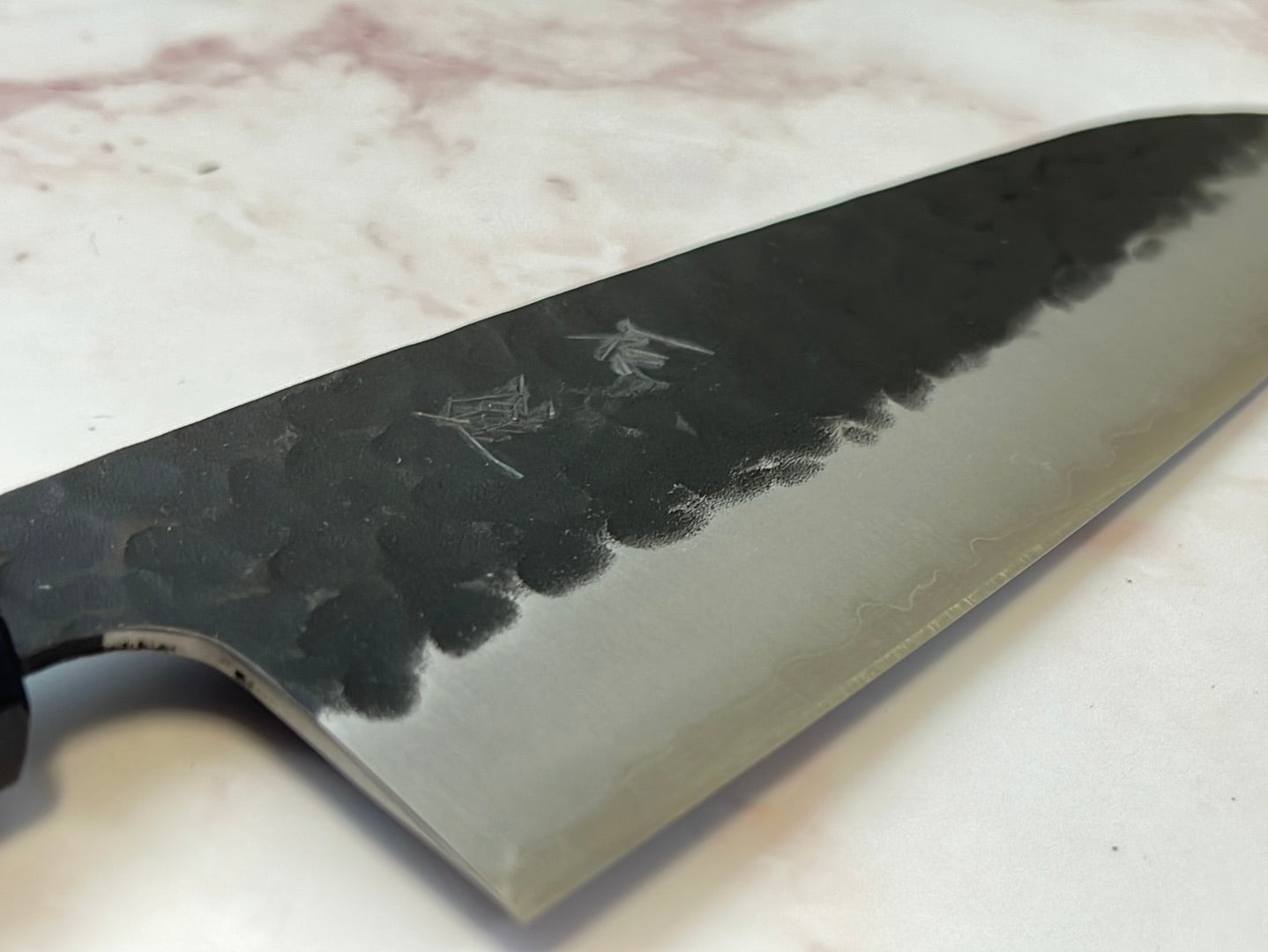 Yoshimune Santoku 165mm (6.5in) Stainless clad Aogami(Blue) Super Black Hammered Finish Double-Bevel Walnut Octagonal Handle