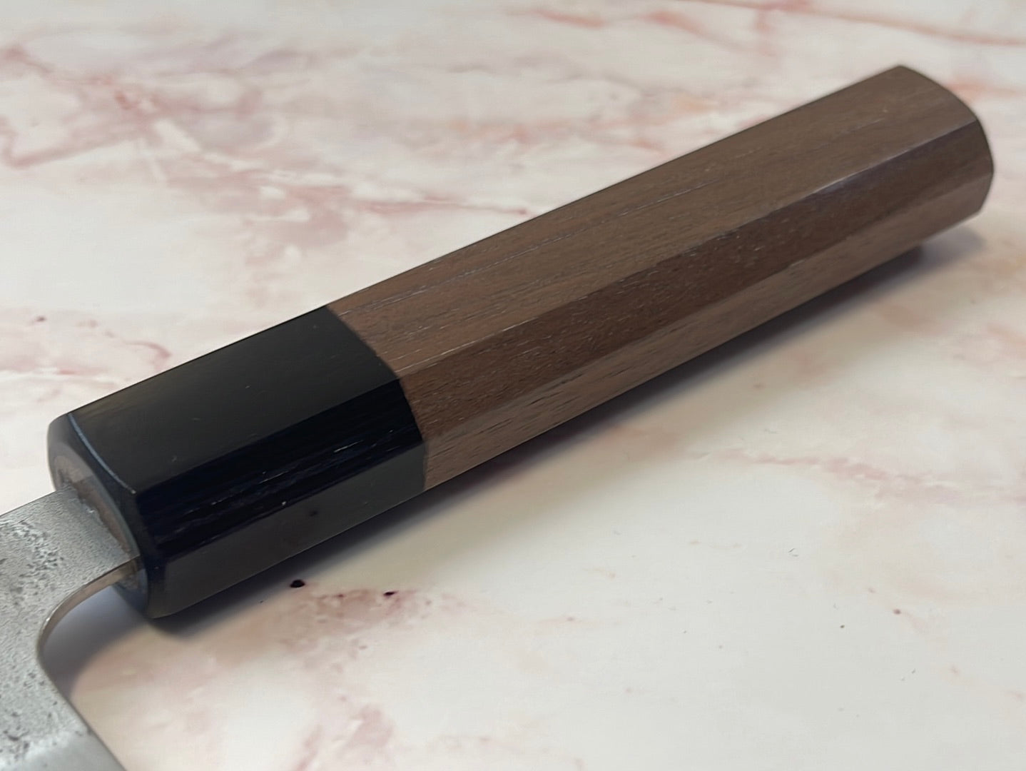Yoshimune Santoku 165 mm (6.5 in) Ginsan (Silver #3) Nashiji finish Double-Bevel Walnut Octagonal Handle
