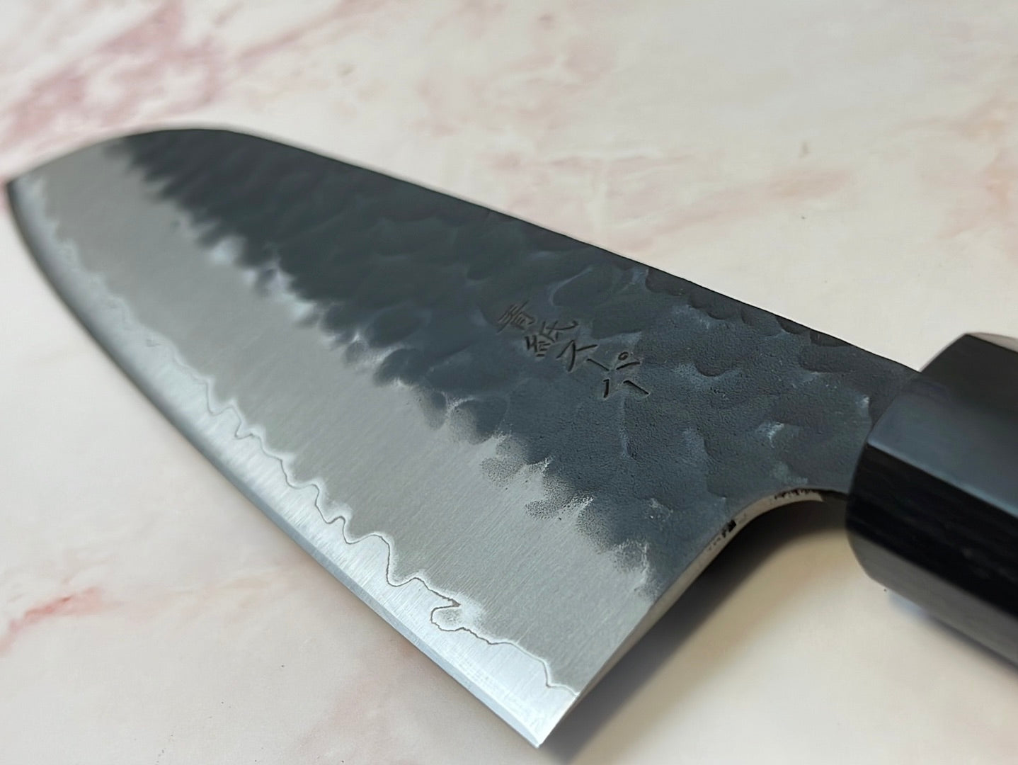 Yoshimune Santoku 165mm (6.5in) Stainless clad Aogami(Blue) Super Black Hammered Finish Double-Bevel Walnut Octagonal Handle
