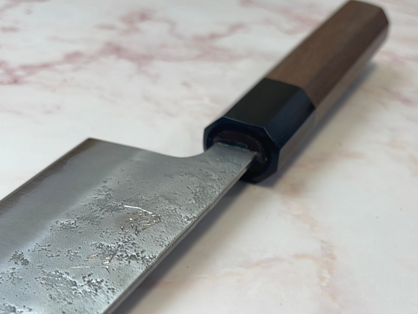 Yoshimune Santoku 165 mm (6.5 in) Ginsan (Silver #3) Nashiji finish Double-Bevel Walnut Octagonal Handle