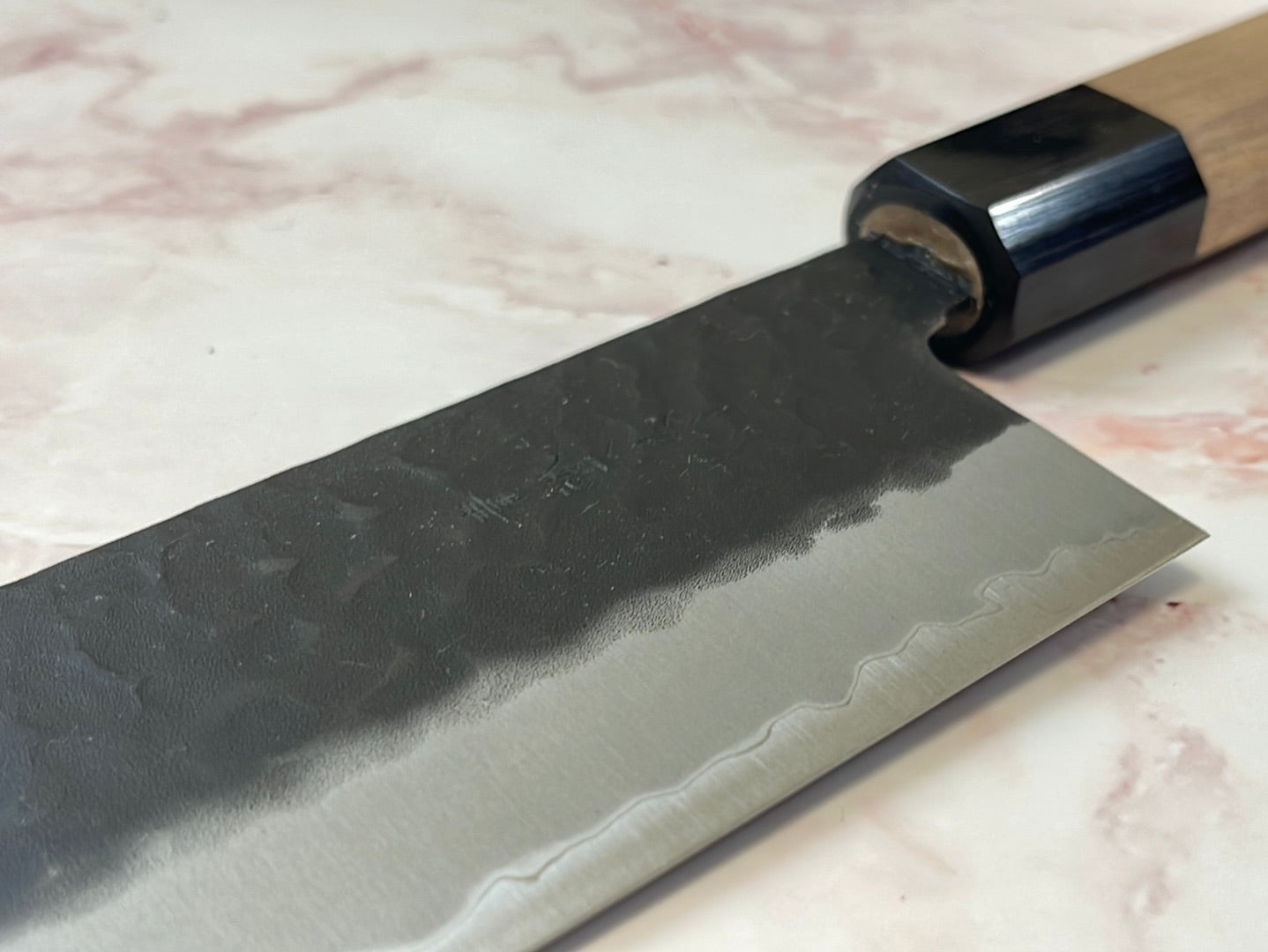 Yoshimune Nakiri 165mm (6.5in) Stainless clad Aogami(Blue) Super Black Hammered Finish Double-Bevel Walnut Octagonal Handle