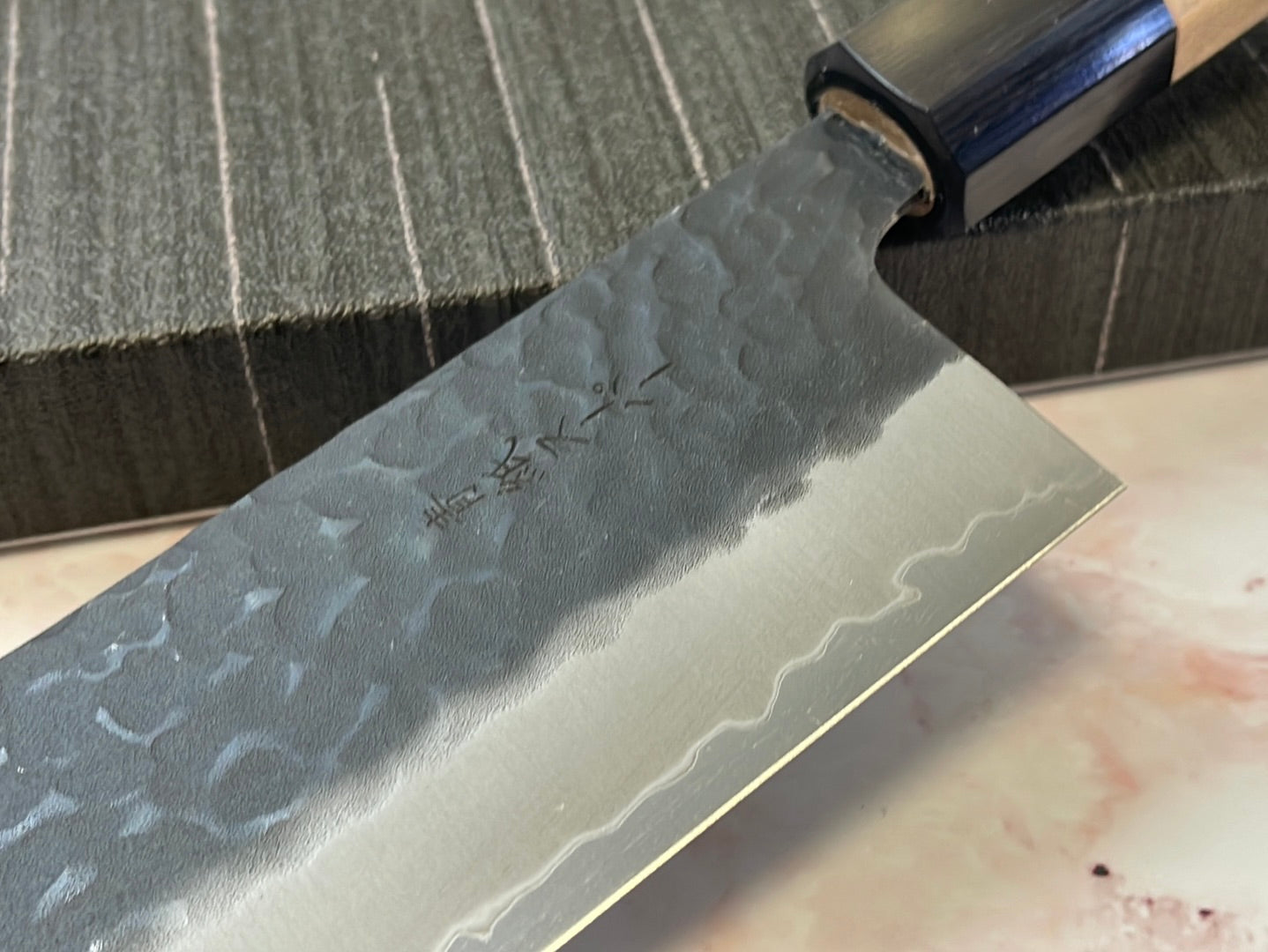 Yoshimune Nakiri 165mm (6.5in) Stainless clad Aogami(Blue) Super Black Hammered Finish Double-Bevel Walnut Octagonal Handle