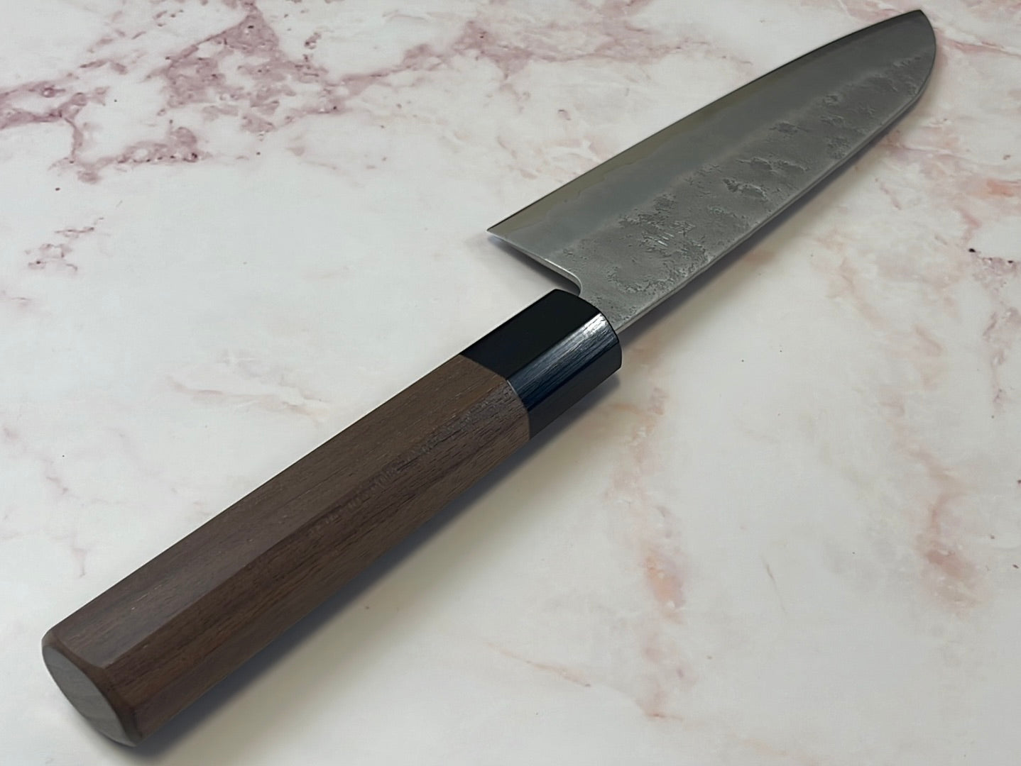 Yoshimune Santoku 165 mm (6.5 in) Ginsan (Silver #3) Nashiji finish Double-Bevel Walnut Octagonal Handle
