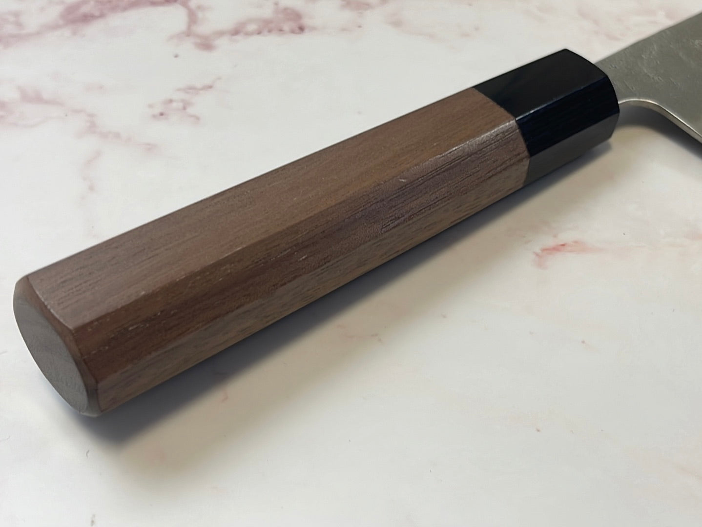 Yoshimune Santoku 165 mm (6.5 in) Ginsan (Silver #3) Nashiji finish Double-Bevel Walnut Octagonal Handle