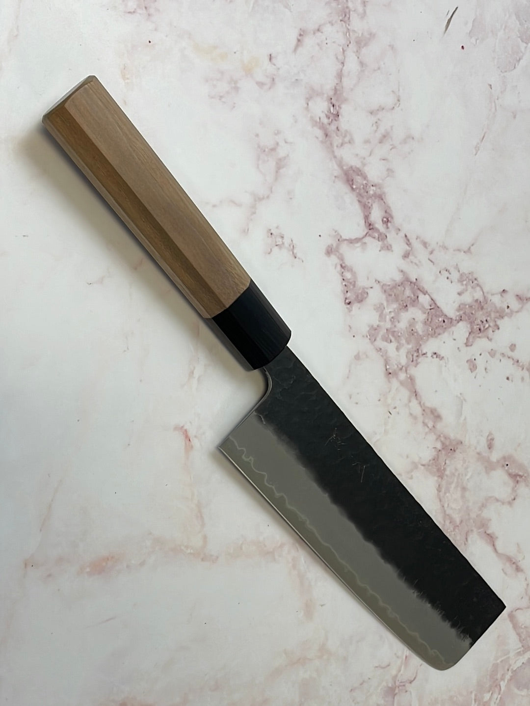 Yoshimune Nakiri 165mm (6.5in) Stainless clad Aogami(Blue) Super Black Hammered Finish Double-Bevel Walnut Octagonal Handle